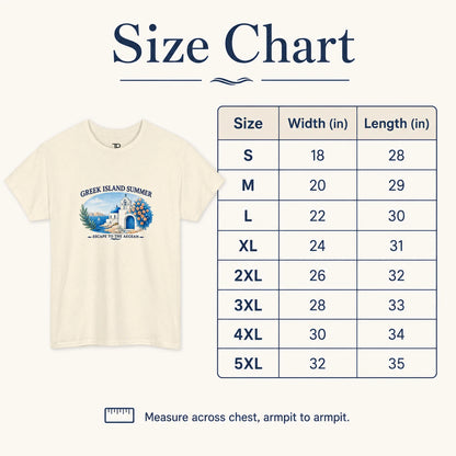 Size chart graphic showing a cream short-sleeve T-shirt with a blue and white Greek island graphic on the chest, alongside a size table listing S through 5XL with width and length measurements.
