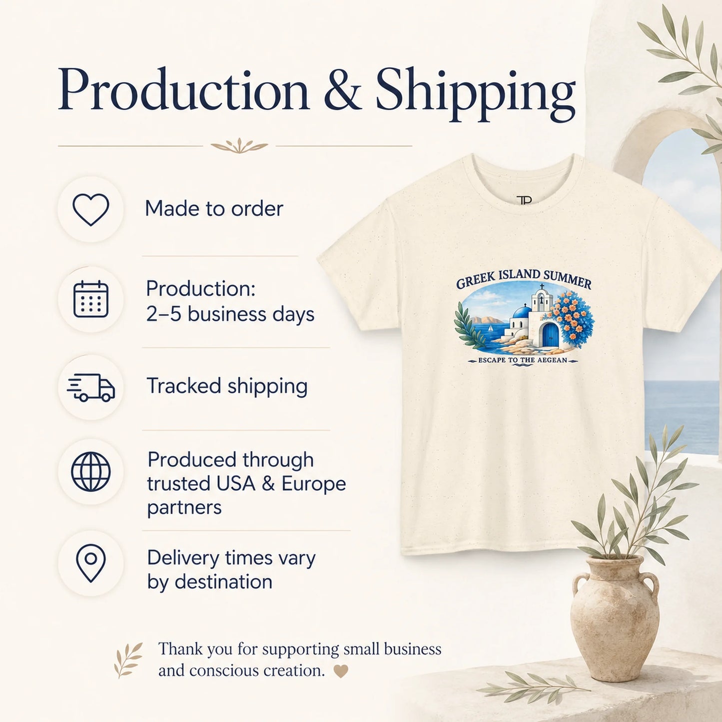 A cream-colored t-shirt with a colorful 'Greek Island Summer' graphic print, displayed on a styled beige background with text detailing production and shipping information.