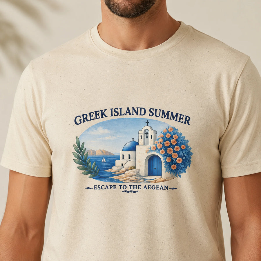 TP HERO: A man wearing a cream-colored t-shirt with a graphic print of a Greek island summer scene featuring a white building with blue domes, blue water, and blue flowers. The text reads 'GREEK ISLAND SUMMER' and 'ESCAPE TO THE AEGEAN'.
