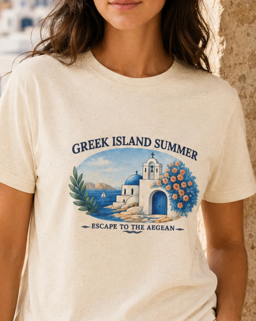 Greek Island Summer unisex T-shirt in Natural with centered Aegean island graphic.