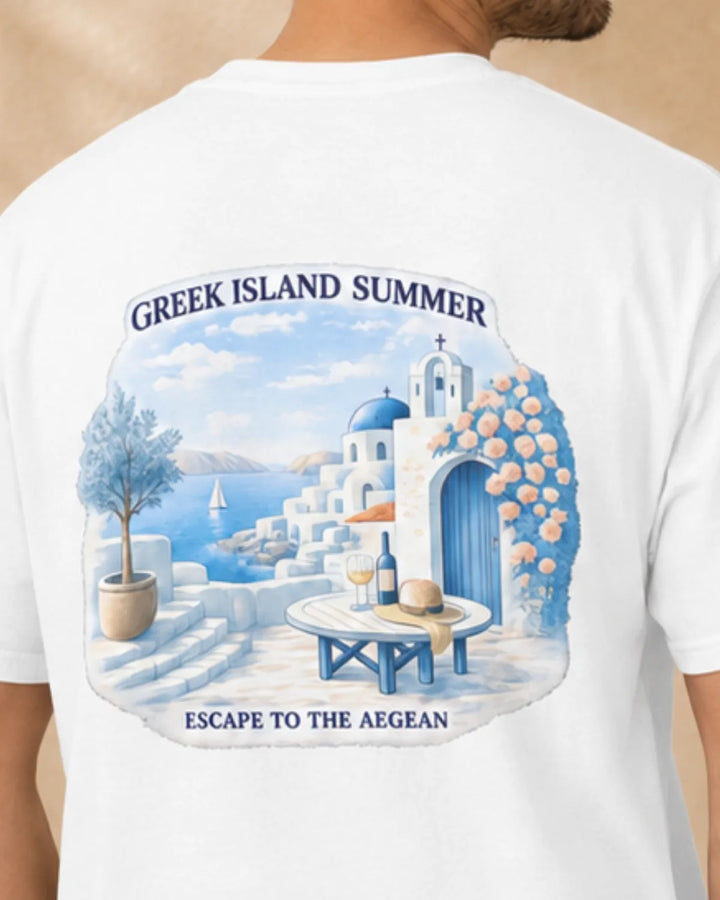 Close-up of the Greek Island Summer back artwork with whitewashed architecture, blue sea and bougainvillea