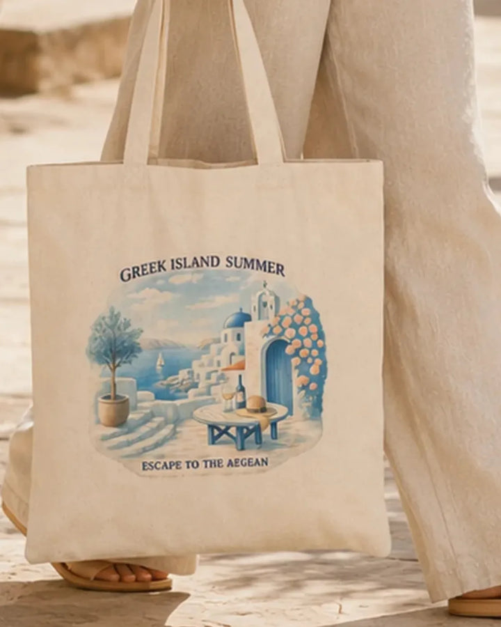 Greek Island Summer natural cotton canvas tote bag with centered Aegean coastal illustration.