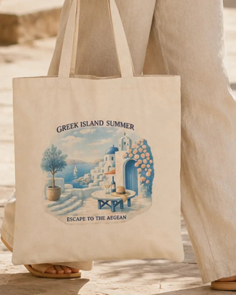 Greek Island Summer natural cotton canvas tote bag with centered Aegean coastal illustration.