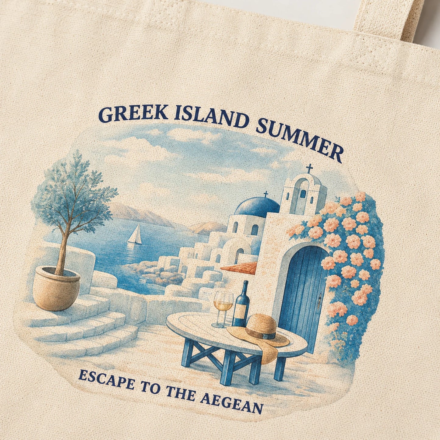 A cream-colored canvas tote bag featuring a vintage-style illustration of a Greek island summer scene with white buildings, blue domes, a blue table with wine glasses and a bottle, and pink flowers. The text 'GREEK ISLAND SUMMER' is printed above the illustration, and 'ESCAPE TO THE AEGEAN' is printed below.