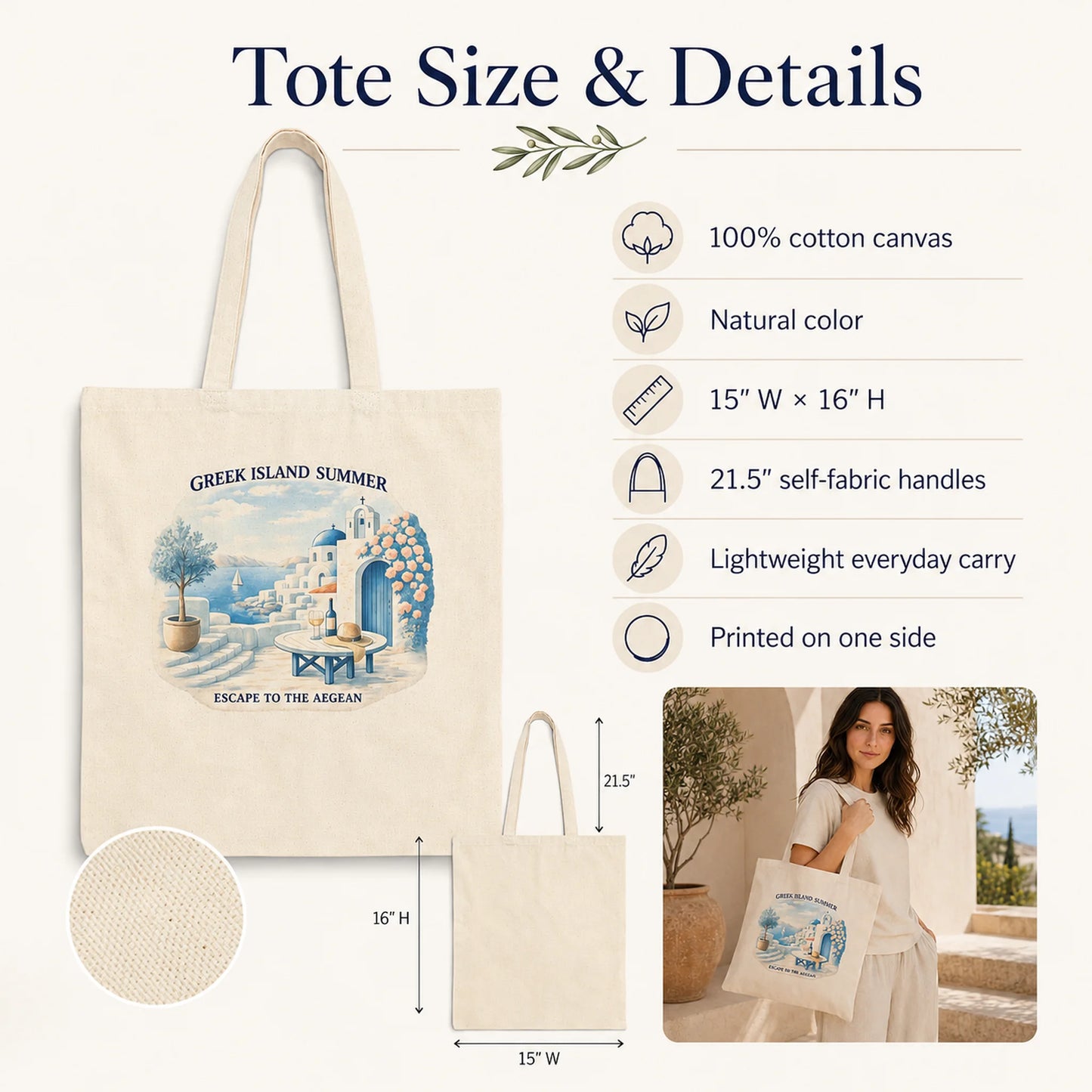 An infographic detailing the size and features of a canvas tote bag. The main product shown is a cream-colored canvas tote bag with a blue and white graphic of a Greek island summer scene.