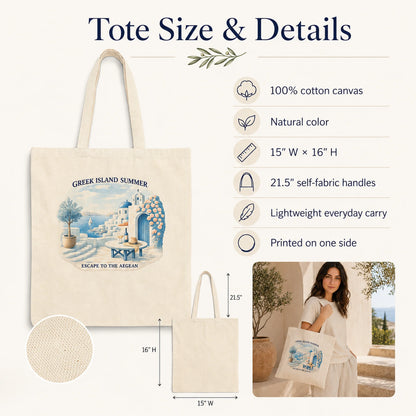 An infographic detailing the size and features of a canvas tote bag. The main product shown is a cream-colored canvas tote bag with a blue and white graphic of a Greek island summer scene.