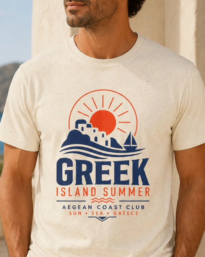 Greek Island Summer T-Shirt with Aegean coast club artwork on natural cotton tee