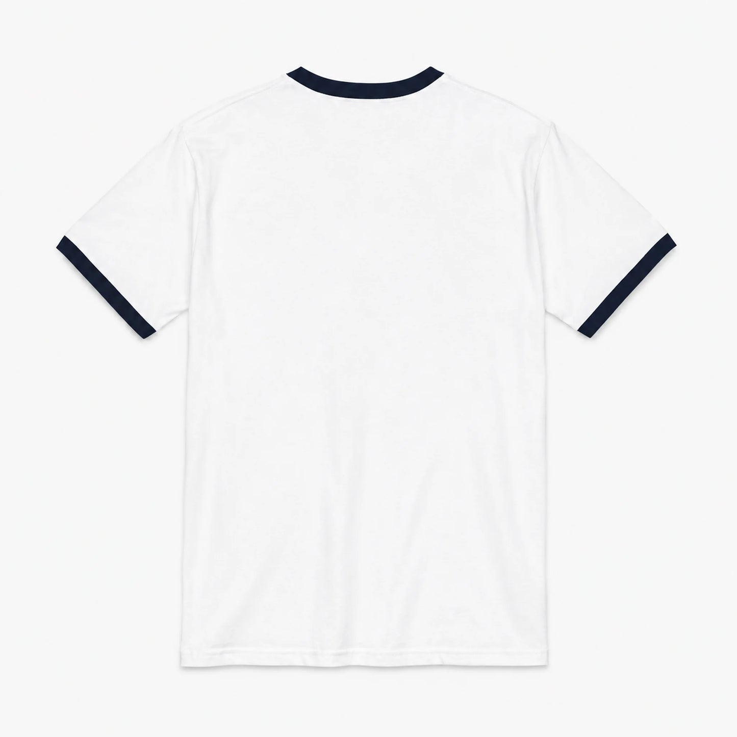 White short-sleeve ringer T-shirt shown from the back, featuring dark navy blue contrast trim at the crew neck and sleeve cuffs, photographed on a clean light gray background.