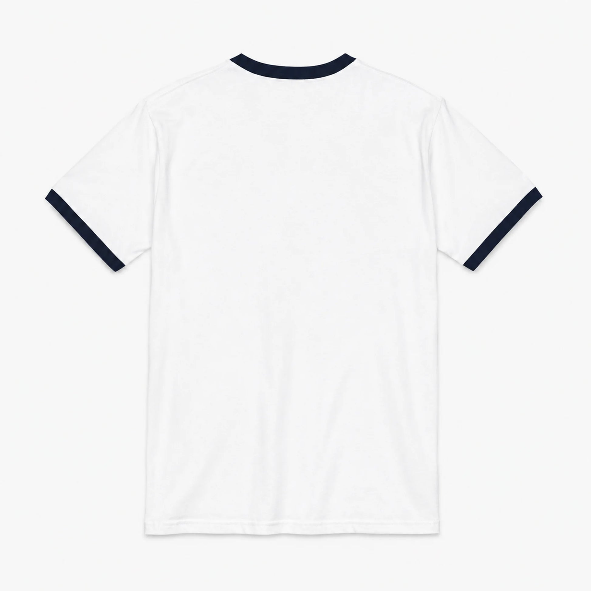 White short-sleeve ringer T-shirt shown from the back, featuring dark navy blue contrast trim at the crew neck and sleeve cuffs, photographed on a clean light gray background.