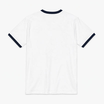 White short-sleeve ringer T-shirt shown from the back, featuring dark navy blue contrast trim at the crew neck and sleeve cuffs, photographed on a clean light gray background.
