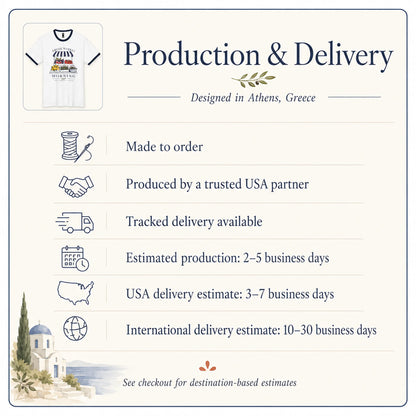 An informational graphic titled 'Production & Delivery' on a cream background with a thin blue border. It shows a small inset of a white graphic T-shirt and lists delivery details: made to order, produced by a trusted USA partner, tracked delivery available, estimated production 2-5 business days, USA delivery 3-7 business days, and international delivery 10-30 business days.