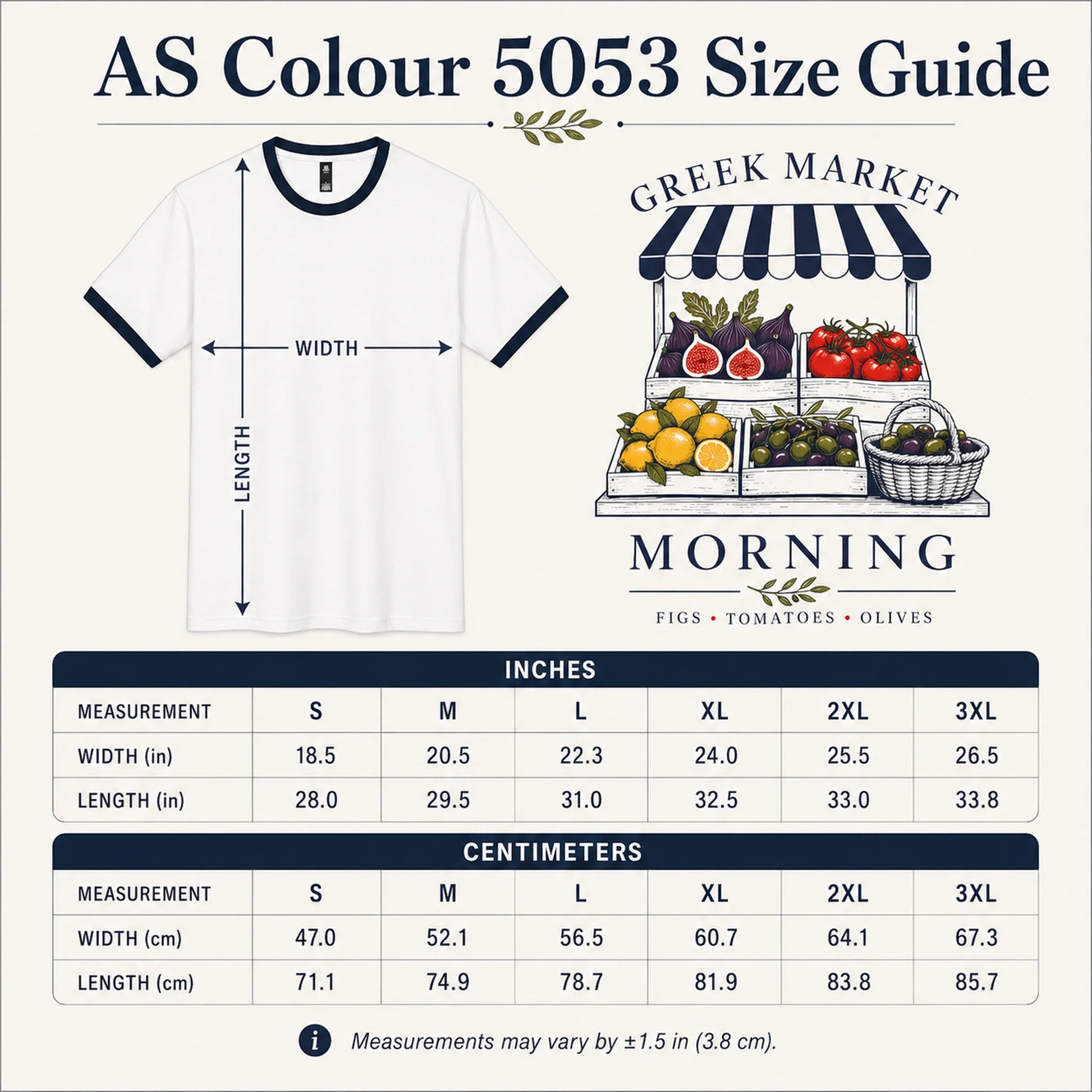 A size guide infographic for the AS Colour 5053 t-shirt, showing a white t-shirt with navy blue trim and a size chart with measurements in both inches and centimeters for sizes S through 3XL.