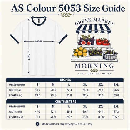 A size guide infographic for the AS Colour 5053 t-shirt, showing a white t-shirt with navy blue trim and a size chart with measurements in both inches and centimeters for sizes S through 3XL.