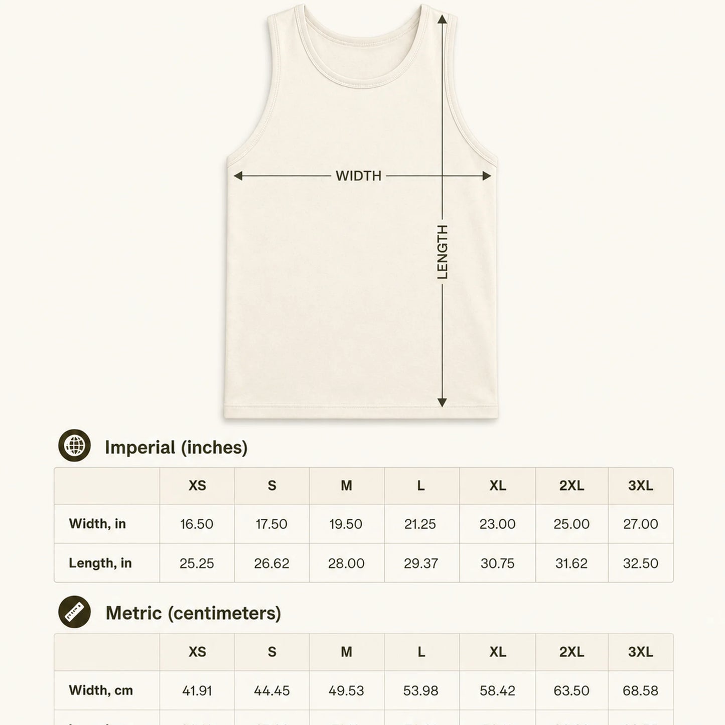 Measurement chart for a tank top with dimensions in inches and centimeters.