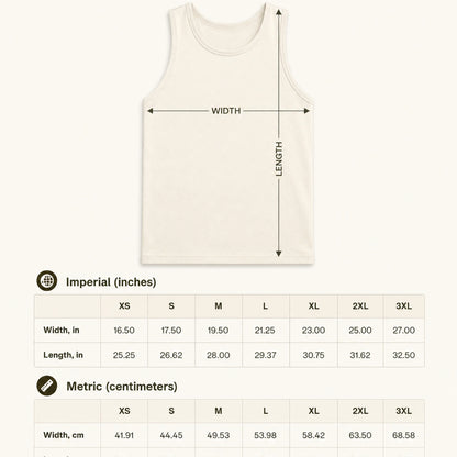 Measurement chart for a tank top with dimensions in inches and centimeters.