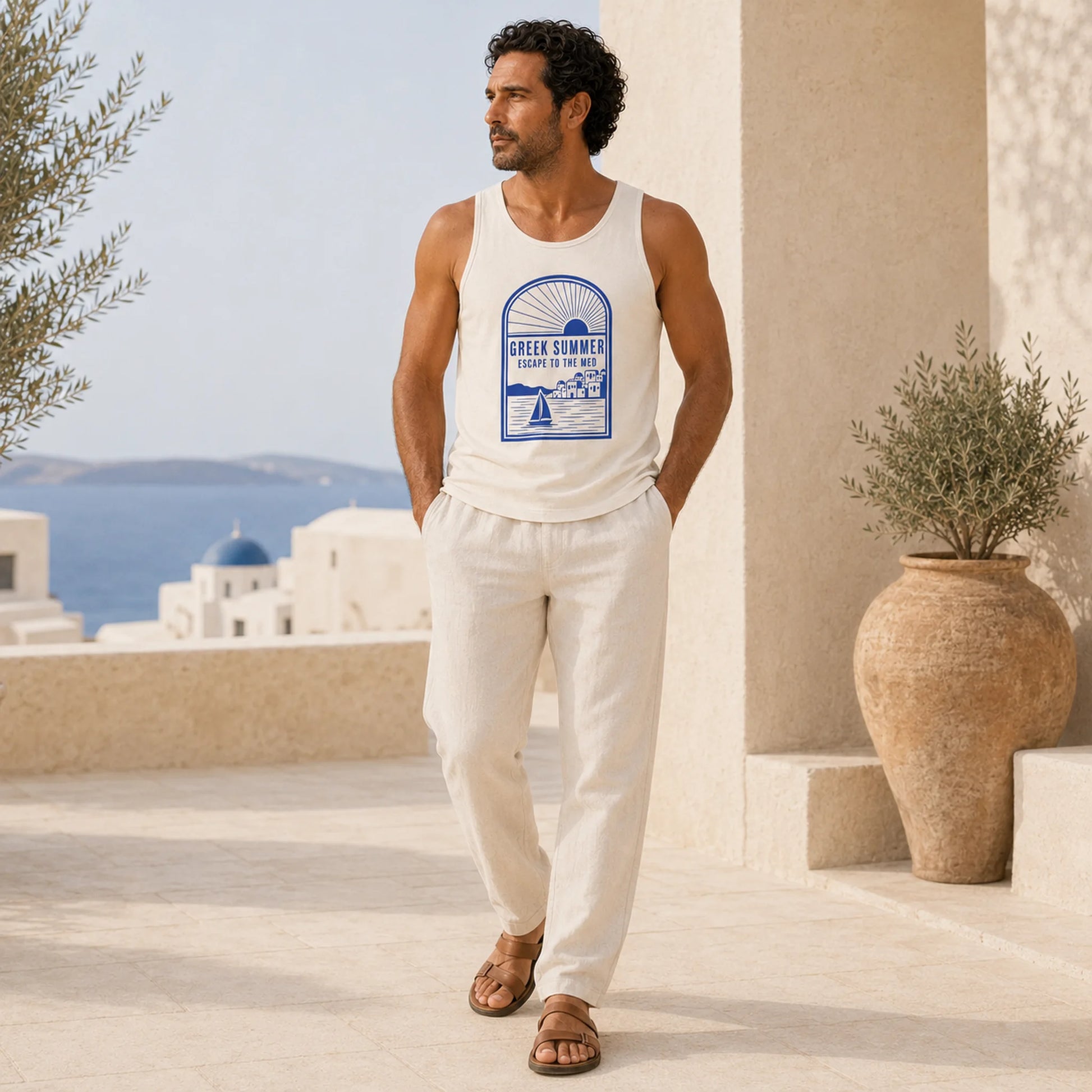 Man wearing a white tank top with a graphic design, standing in a sunlit outdoor setting with architectural elements.
