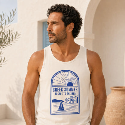 Man wearing a tank top with a 'Greek Summer' design, standing in a sunlit outdoor setting.