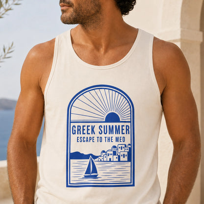 TP HERO: Man wearing a tank top with a Greek summer design by the beach