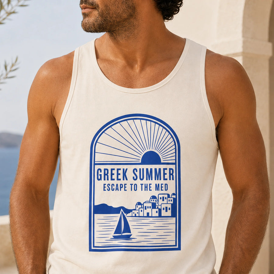 TP HERO: Man wearing a tank top with a Greek summer design by the beach