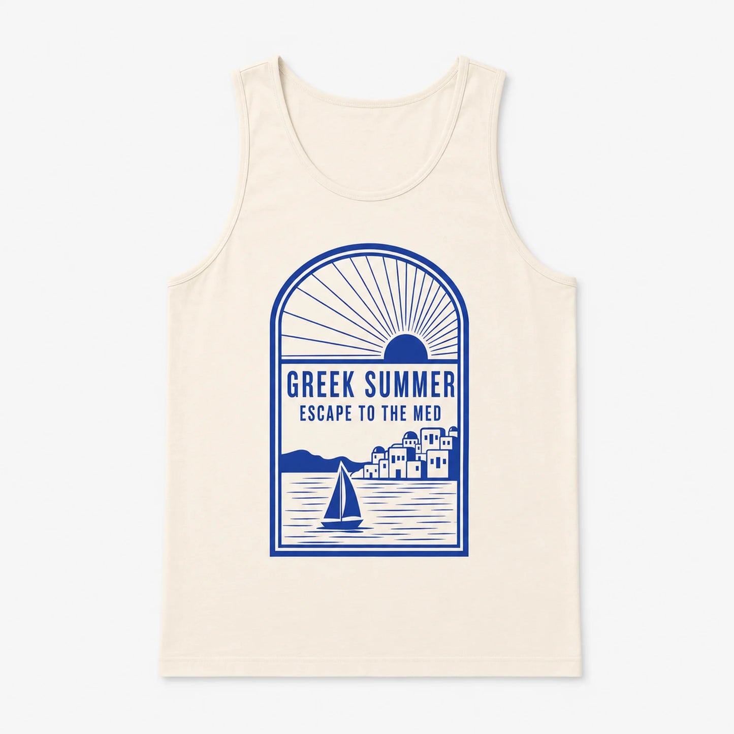 Beige tank top with blue 'Greek Summer' graphic design on a white background