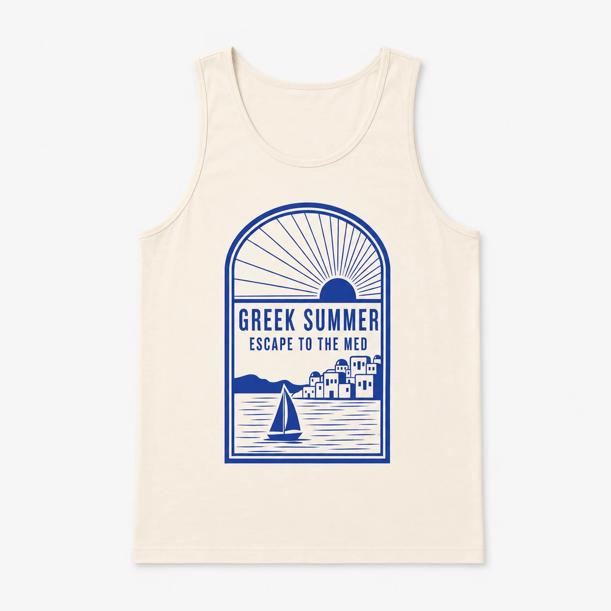Beige tank top with blue 'Greek Summer' graphic design on a white background