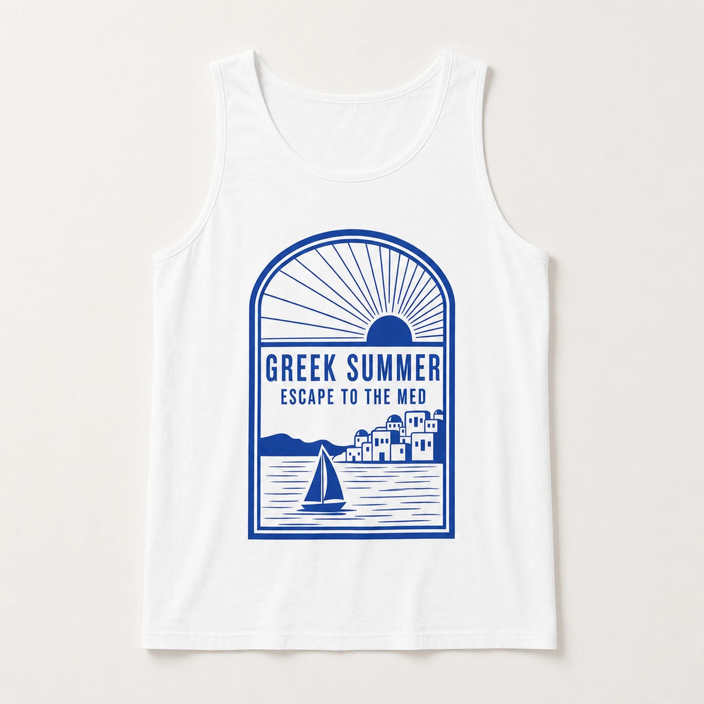White tank top with blue graphic design featuring a Greek island and text on a white background