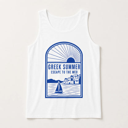 White tank top with blue graphic design featuring a Greek island and text on a white background