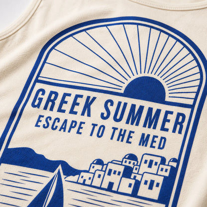 Beige t-shirt with blue graphic design featuring text 'Greek Summer Escape to the Med' and coastal scene.