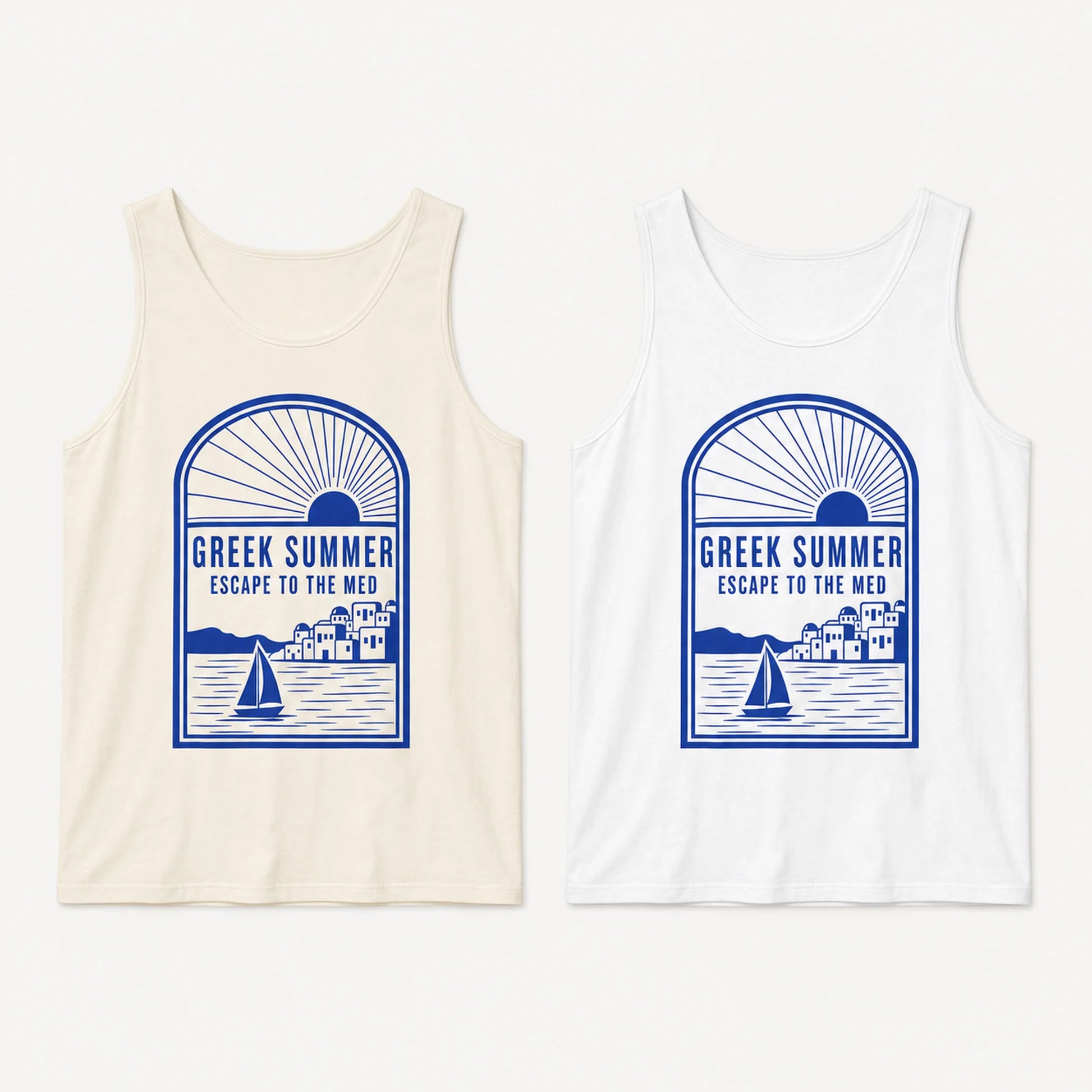 Two tank tops with a blue graphic design on a white background