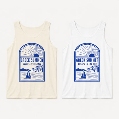 Two tank tops with a blue graphic design on a white background