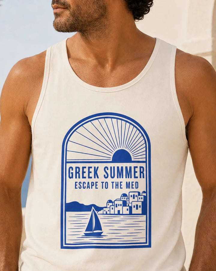 Man wearing Greek Summer tank top styled as Mediterranean resortwear.