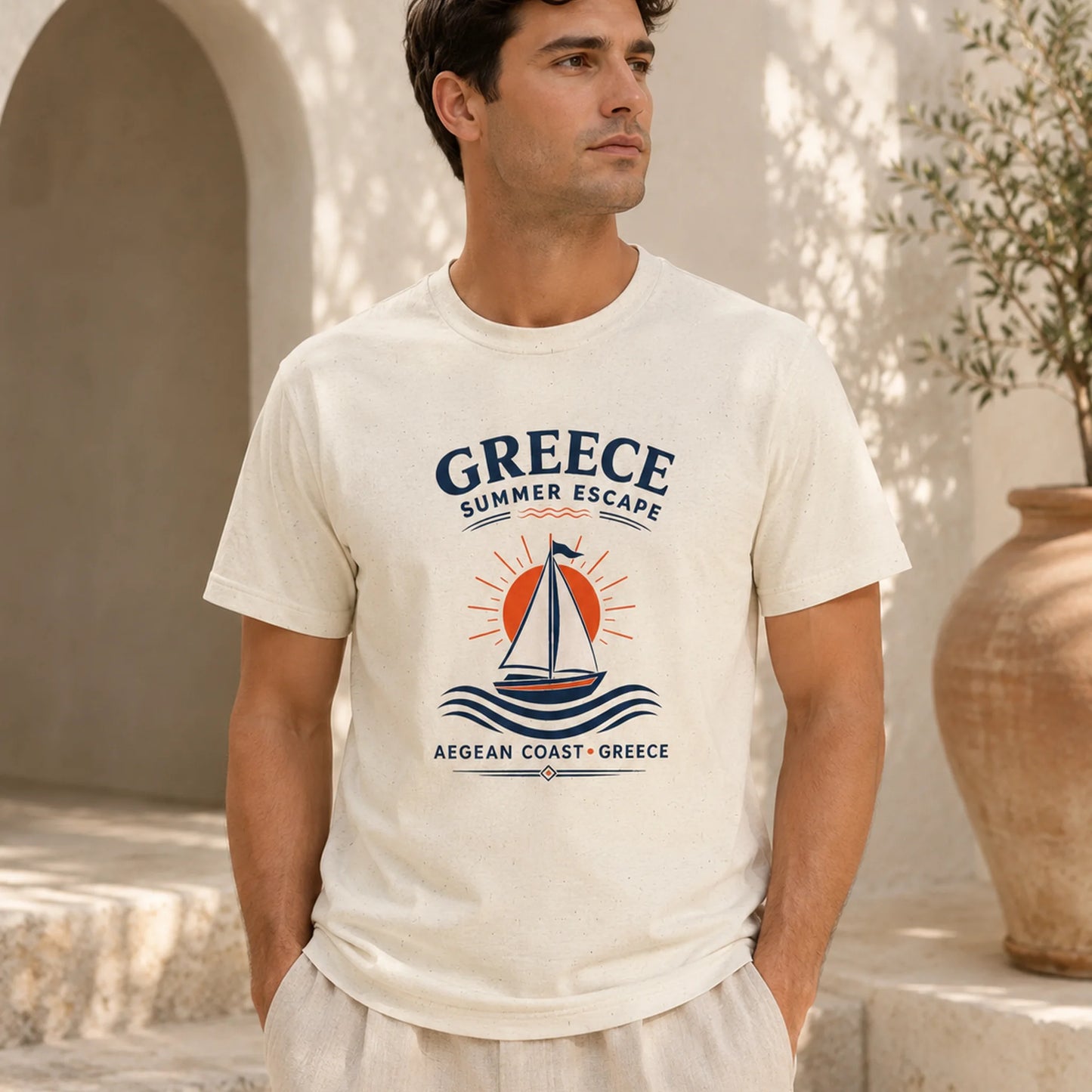 Man wearing a 'Greece Summer Escape' t-shirt with a sailboat graphic.