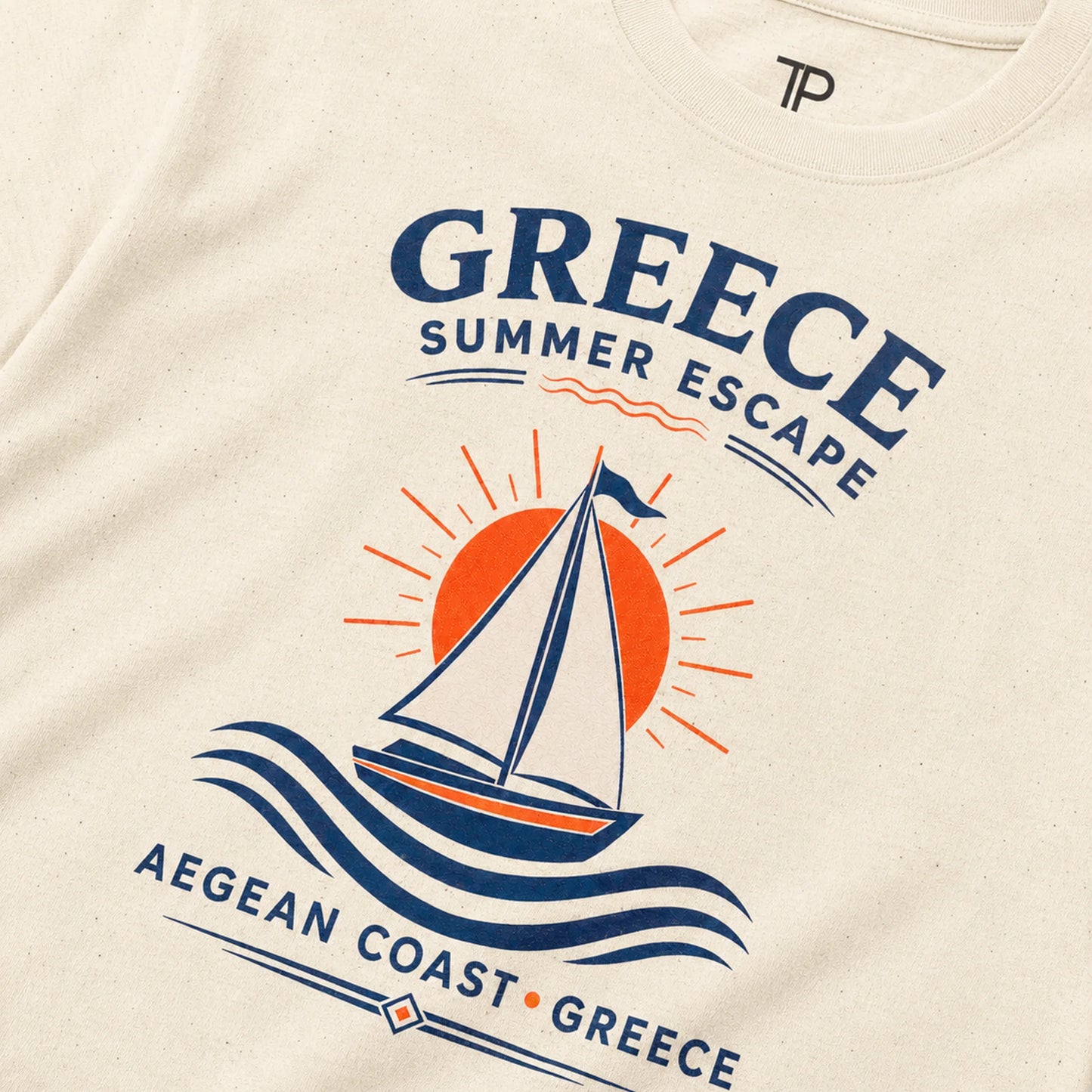 Beige t-shirt with a sailboat graphic and 'Greece Summer Escape' text on a white background