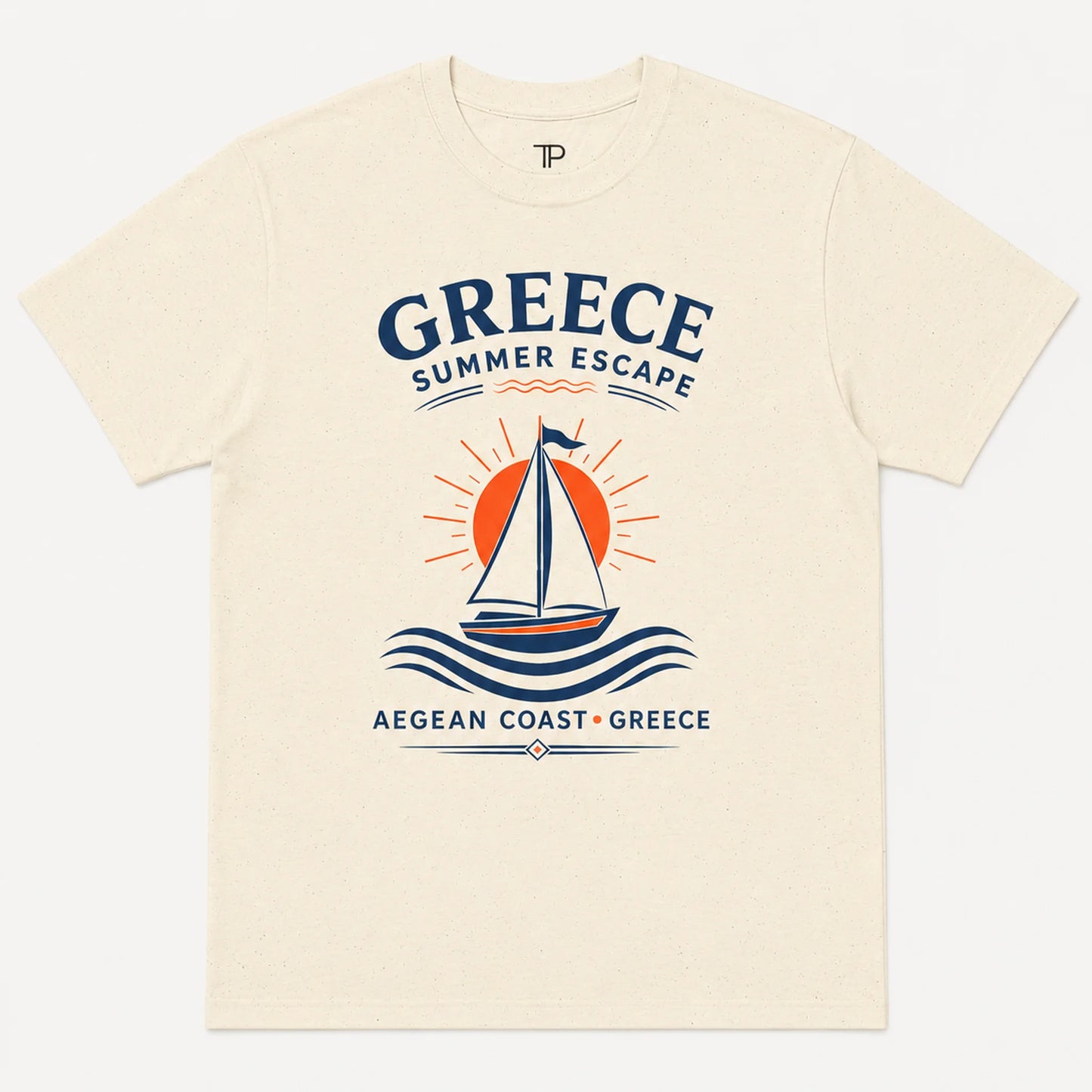 Beige t-shirt with 'Greece Summer Escape' design featuring a sailboat and sun.