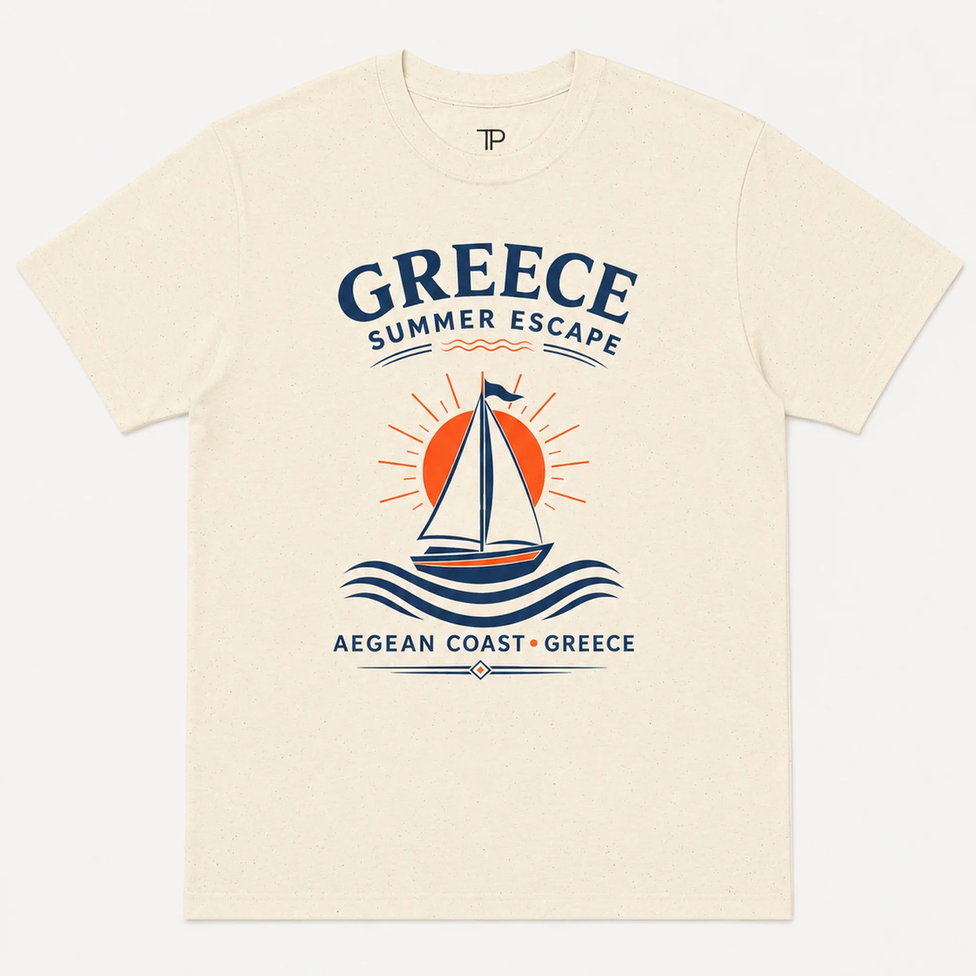 Beige t-shirt with 'Greece Summer Escape' design featuring a sailboat and sun.