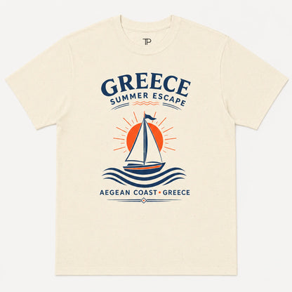 Beige t-shirt with 'Greece Summer Escape' design featuring a sailboat and sun.
