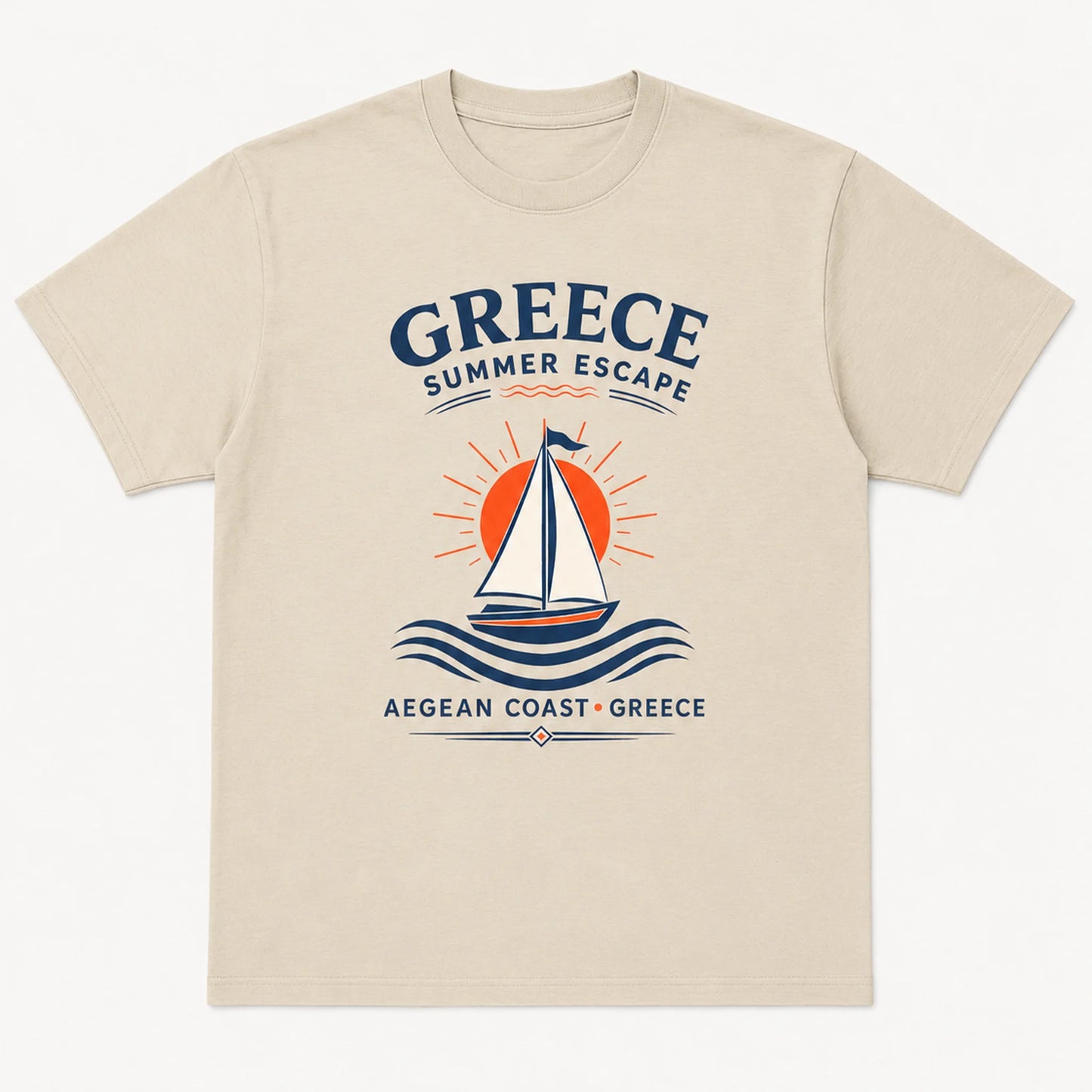 Beige t-shirt with Greece-themed design featuring a sailboat and text on a white background