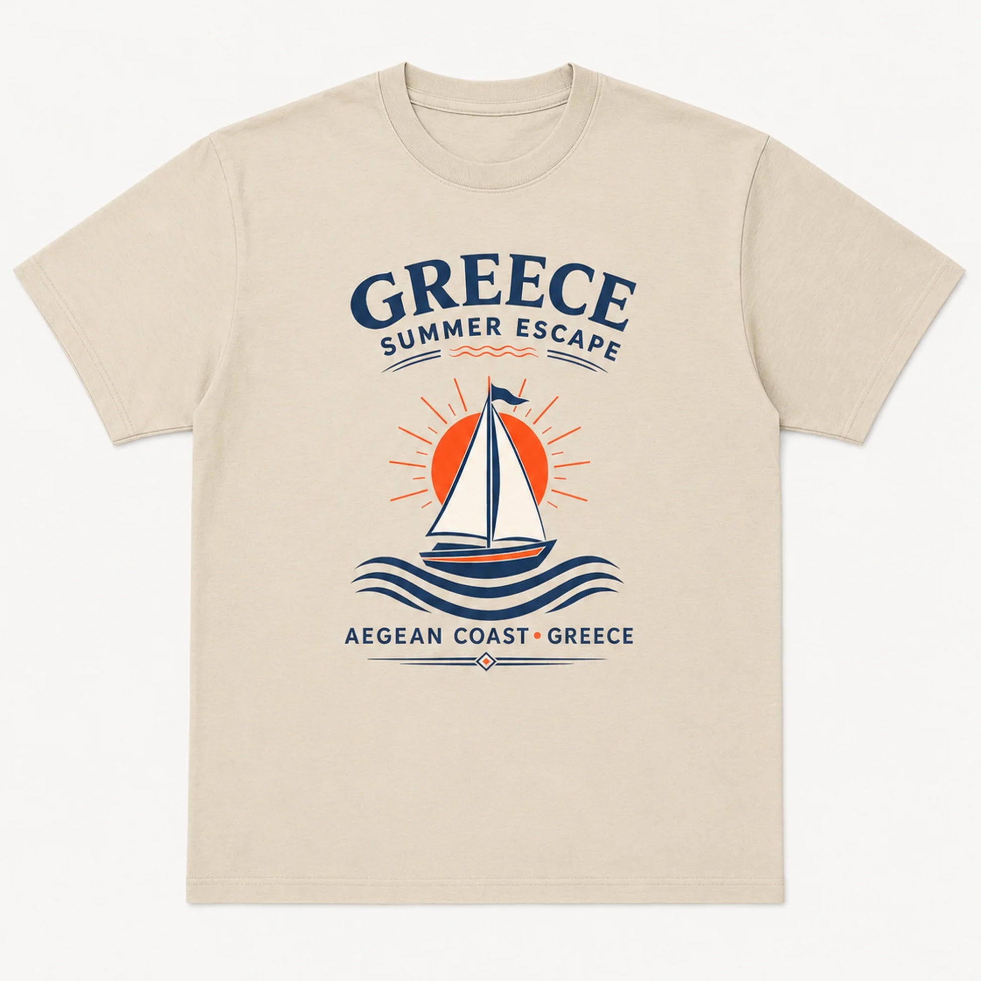 Beige t-shirt with Greece-themed design featuring a sailboat and text on a white background