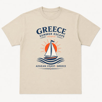 Beige t-shirt with Greece-themed design featuring a sailboat and text on a white background