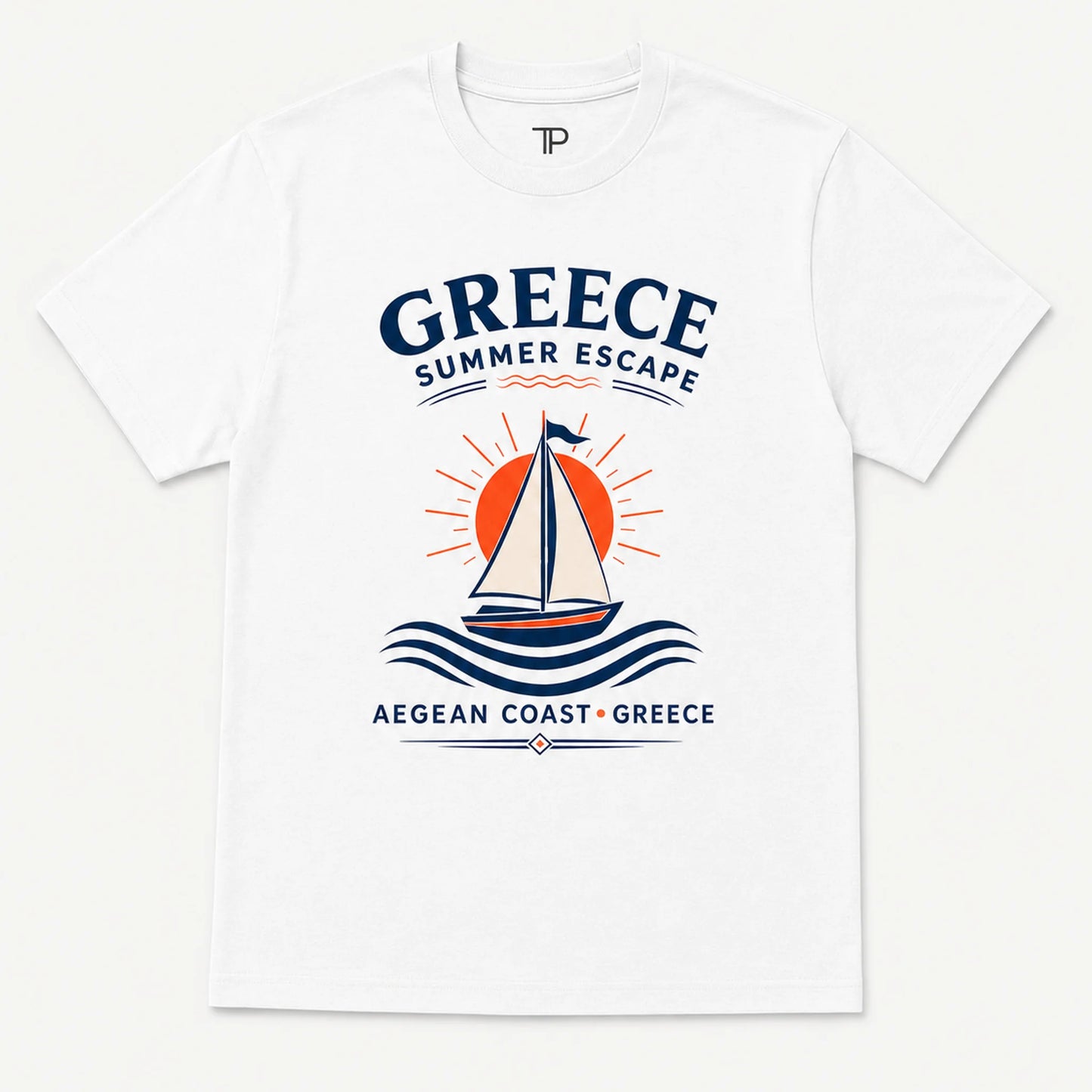 White t-shirt with 'Greece Summer Escape' design featuring a sailboat and ocean waves on a white background.