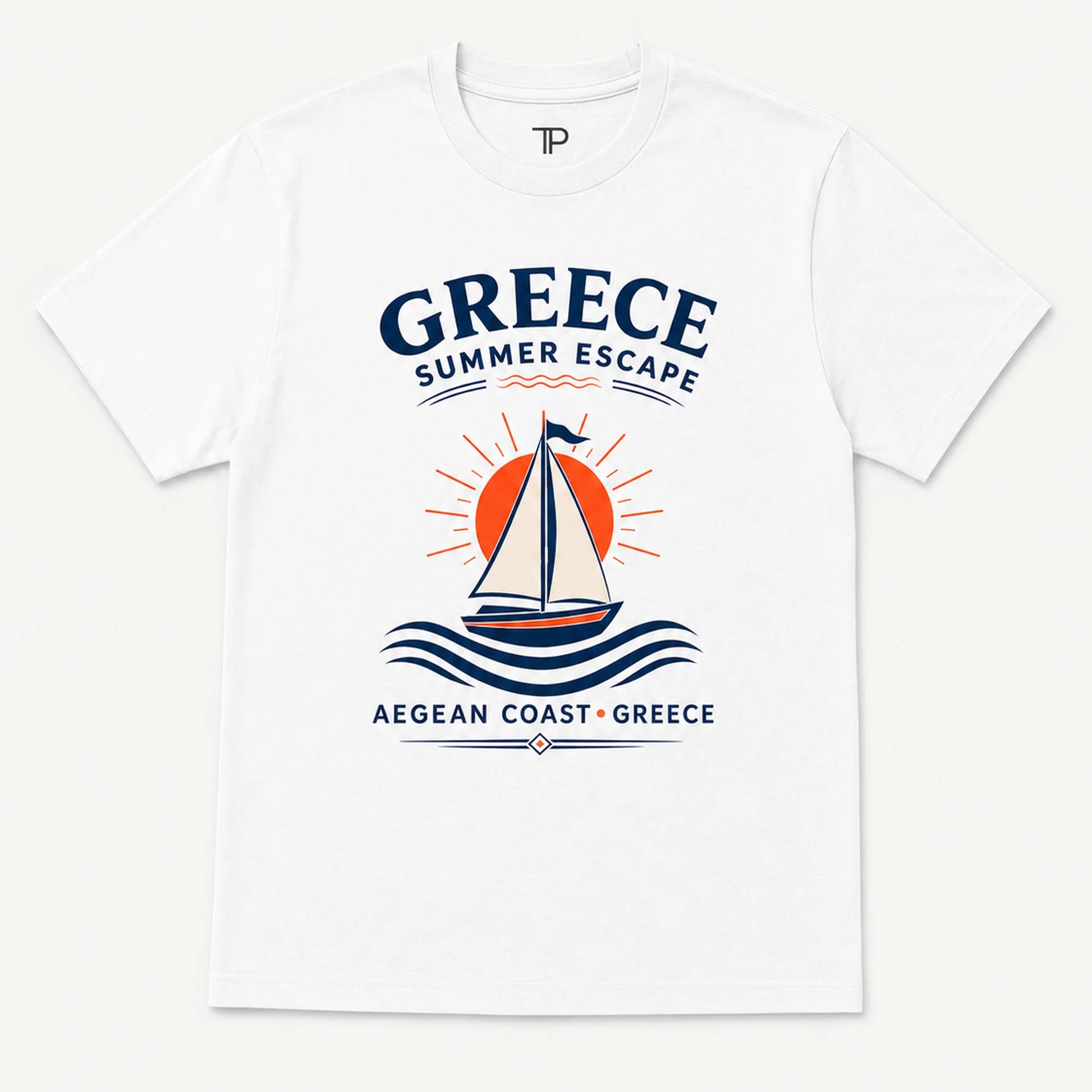 White t-shirt with 'Greece Summer Escape' design featuring a sailboat and ocean waves on a white background.