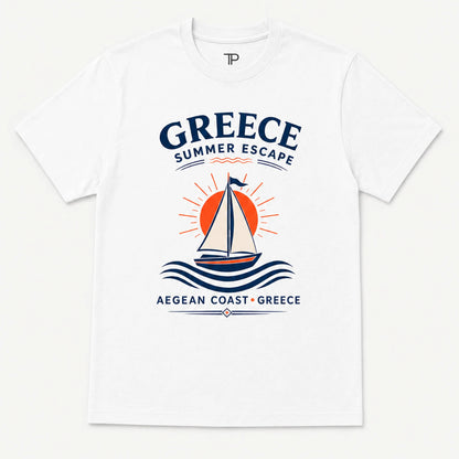 White t-shirt with 'Greece Summer Escape' design featuring a sailboat and ocean waves on a white background.