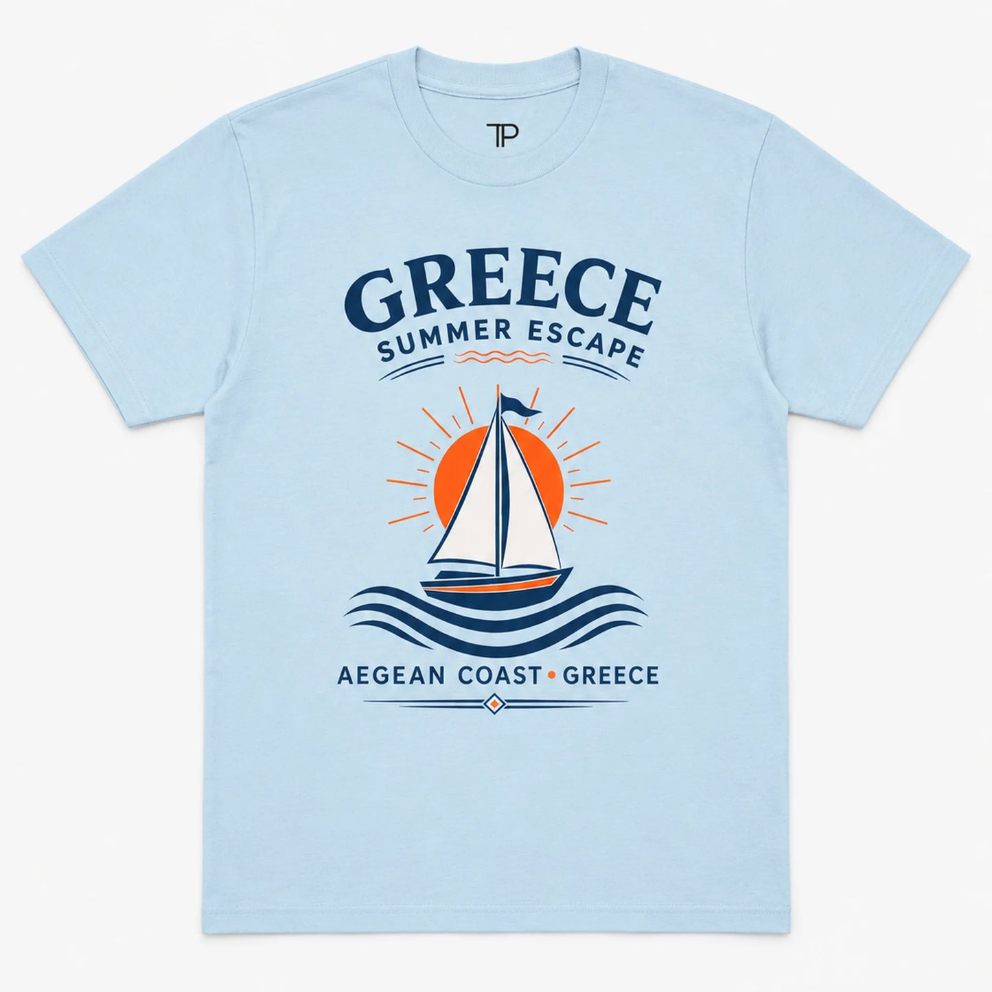 Light blue t-shirt with a sailboat graphic and 'Greece Summer Escape' text on a white background