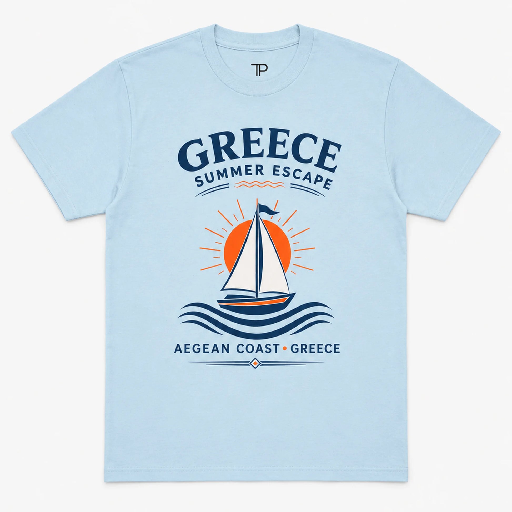 Light blue t-shirt with a sailboat graphic and 'Greece Summer Escape' text on a white background