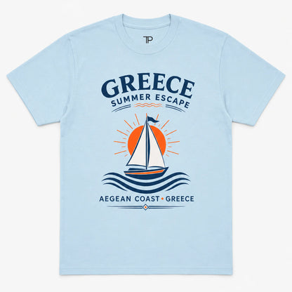 Light blue t-shirt with a sailboat graphic and 'Greece Summer Escape' text on a white background