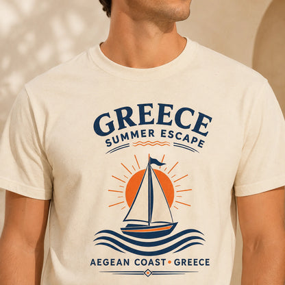 TP HERO: T-shirt with 'Greece Summer Escape' design featuring a sailboat and sun.