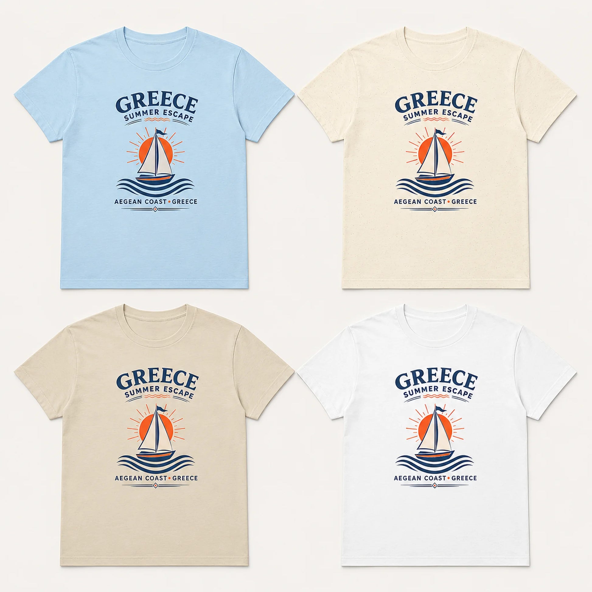 Four t-shirts with Greece-themed design featuring a sailboat on a white background.