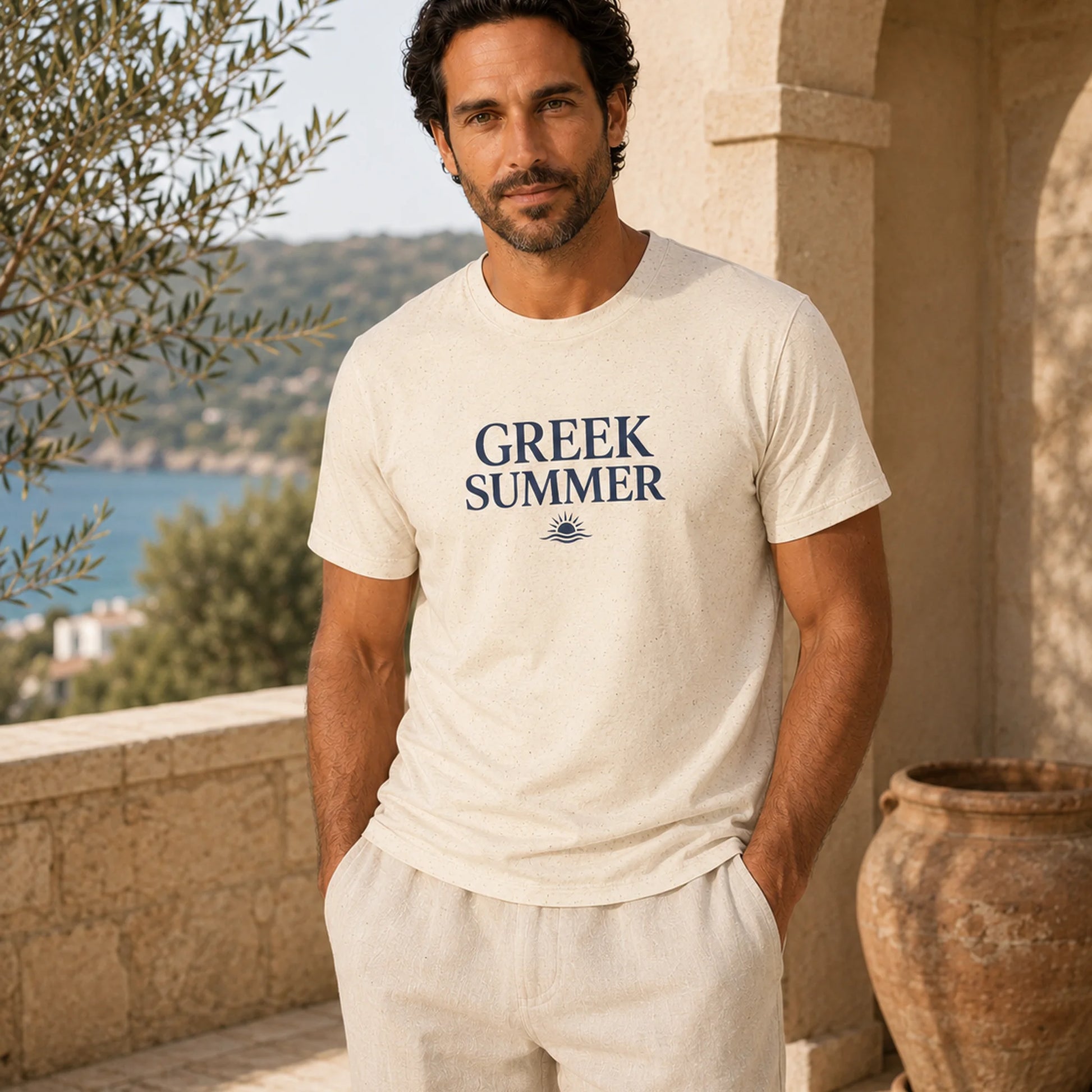 TP HERO: A man wearing a cream-colored t-shirt with 'GREEK SUMMER' printed in navy blue text on the chest, paired with matching cream linen pants, standing on a sunny stone balcony with a sea view in the background.