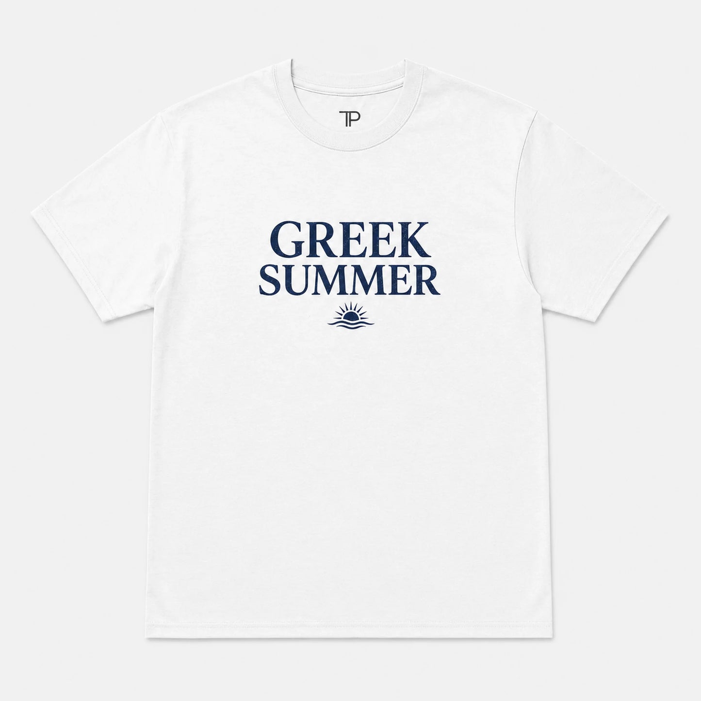A white short-sleeve crewneck t-shirt with 'GREEK SUMMER' printed in navy blue on the chest, accompanied by a small sun and wave graphic below. A small 'TP' logo is visible inside the collar.
