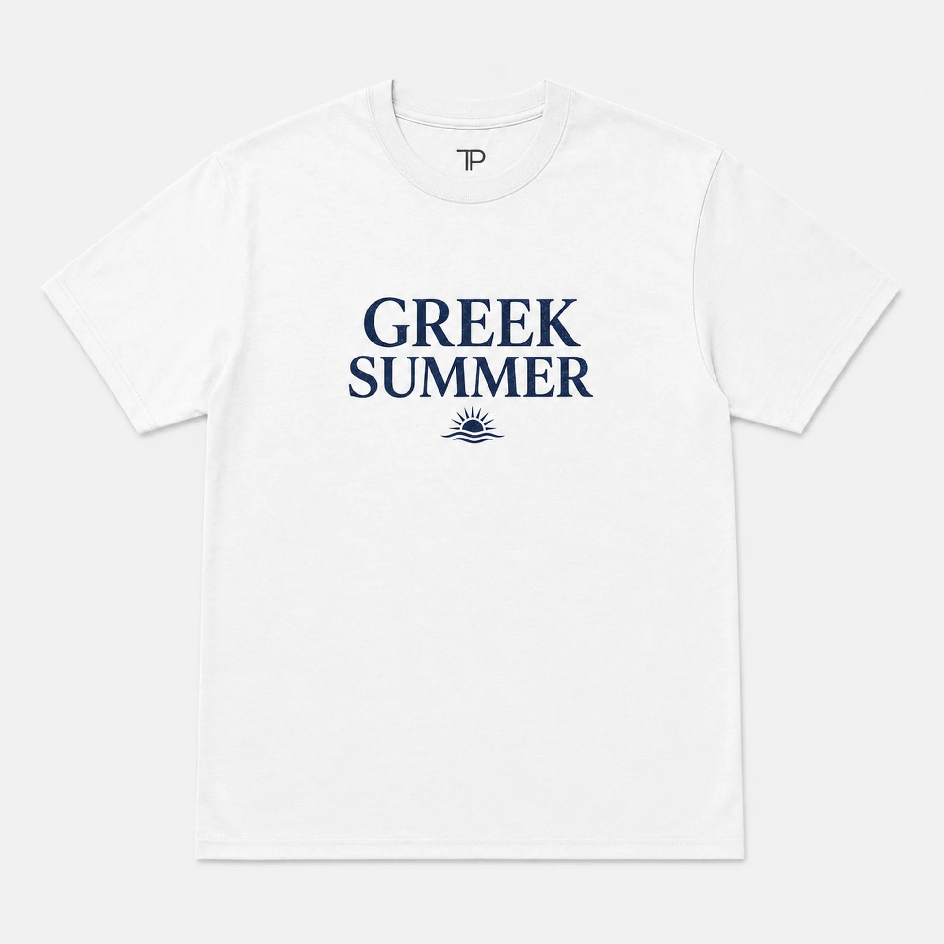 A white short-sleeve crewneck t-shirt with 'GREEK SUMMER' printed in navy blue on the chest, accompanied by a small sun and wave graphic below. A small 'TP' logo is visible inside the collar.